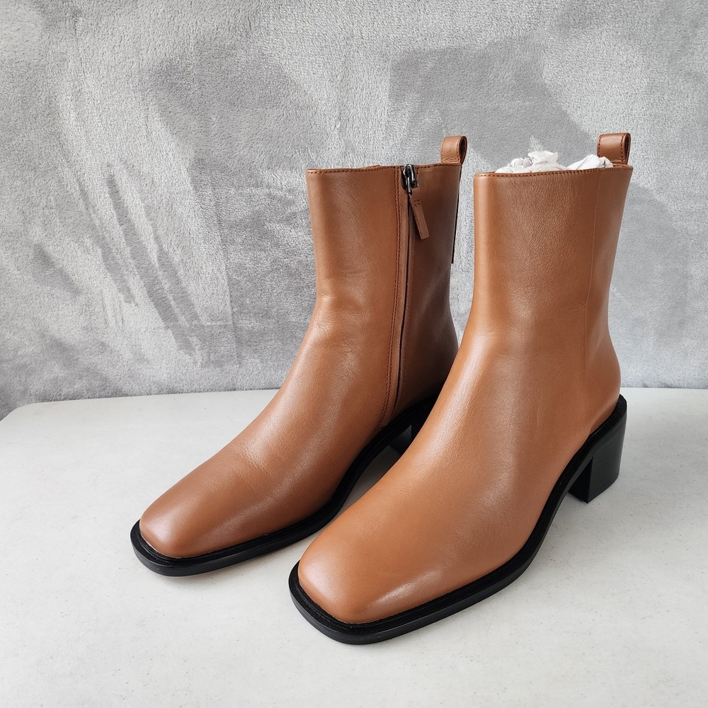 Everlane The City Boots Womens Size 9.5 Saddle Brown Leather Ankle Heel Zip NIB - Picture 3 of 13